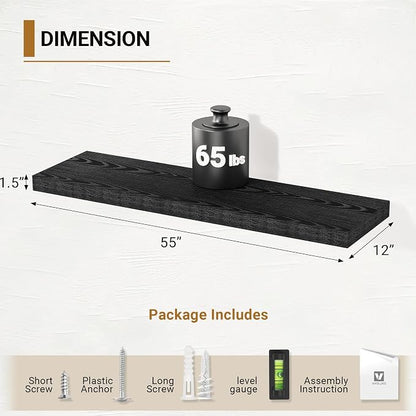 Vivelove Black Floating Shelves for Wall 55 Inches Wide, 12" Deep Wall Shelves for Bedroom, Bathroom, Living Room, Kitchen, Office, Home Decor Shelf with Invisible Brackets, 55" X 12" X 1.5", Set of 2
