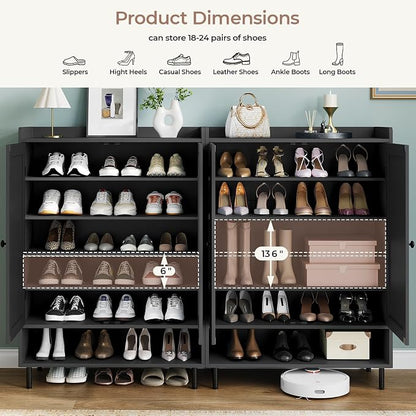 Shoe Storage Cabinet with 2 Doors, 6-Tier Shoe Cabinet with 3 Adjustable Shelves and Metal Legs, 45'' Tall Shoe Rack Organizer Cabinet for Entryway, Front Door, Black