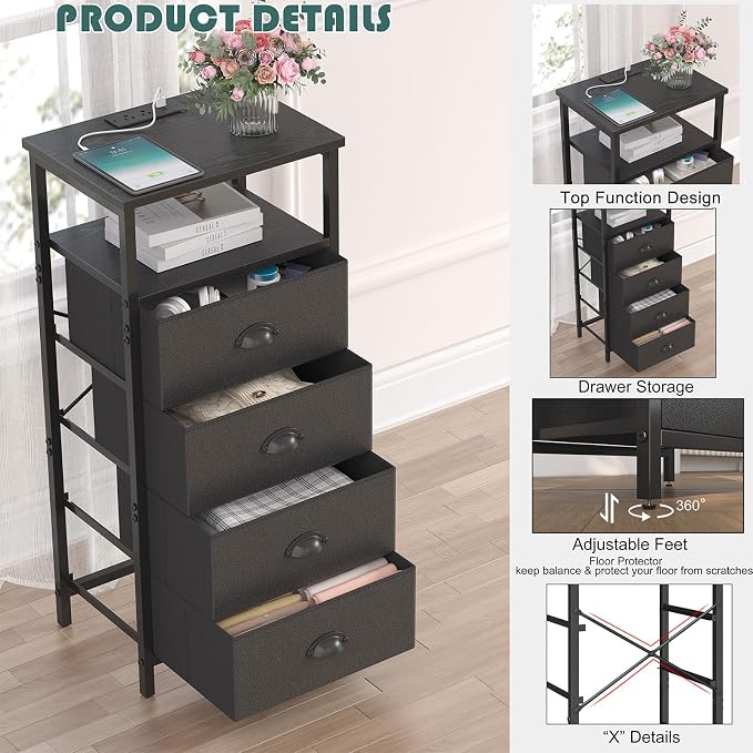sthmec Nightstand with Charging Station,LED Black Nightstand with 4 Fabric Drawers PU Finish, Bedside End Tables, 2-Tier Open Storage Shelf Side Table Nightstand with Drawers for Bedroom,Black