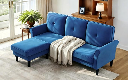Welzona Sectional Couches for Living Room, 83" Velvet Modern 3 Seater Sofa, L Shaped Couch with Ottoman, Small Sectional Couch Sofas for Living Room, Bedroom, Apartment, Office, Blue Sofa