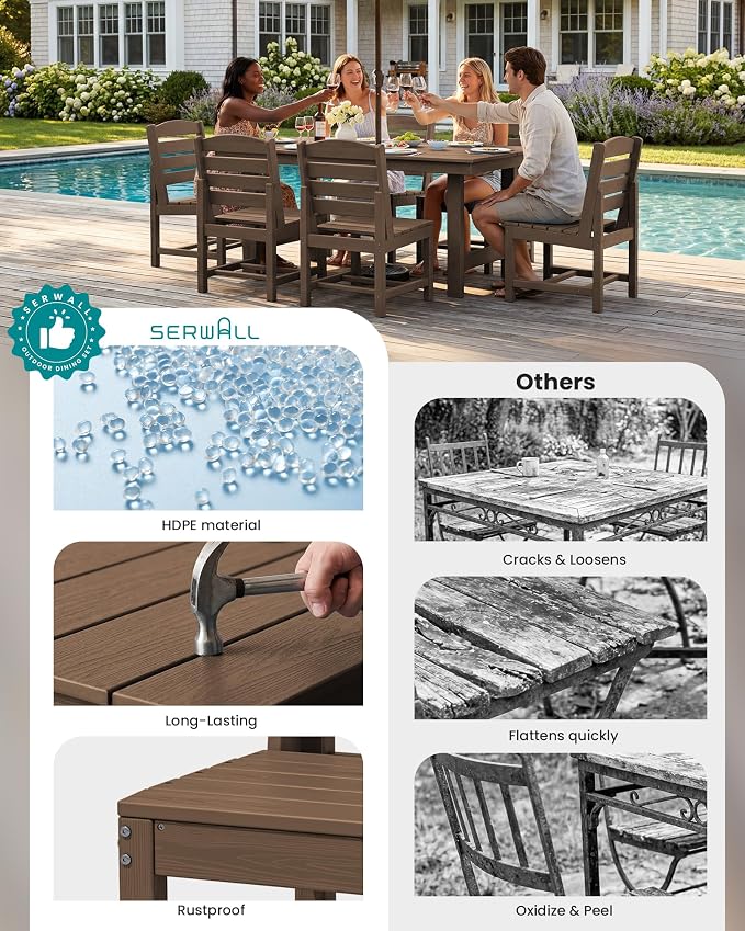 SERWALL Outdoor Dining Sets for 10 Person, HDPE Dining Set with 2 Tables, 8 Armless Chairs and 2 Armed Dining Chairs, Brown