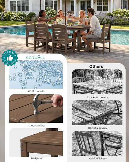 SERWALL Outdoor Dining Sets for 10 Person, HDPE Dining Set with 2 Tables, 8 Armless Chairs and 2 Armed Dining Chairs, Brown
