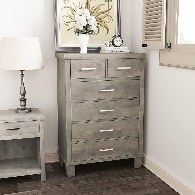 Garvee Dresser for Bedroom with 6 Drawers, 45 in Tall Grey Dressers & Chests of Drawers with Storage, Wooden Storage Organizer Dressers for Closet, Large Drawer Dresser for Living Room, Entryway