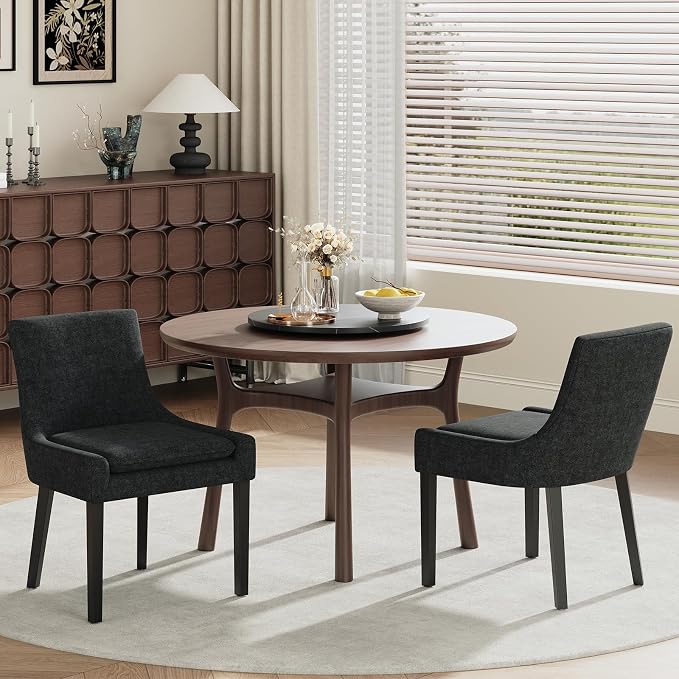 Modern Dining Room Chairs Set of 2 with Mid Back and Wood Legs, Upholstered Kitchen Chairs for Dining Room/Living Room, Black
