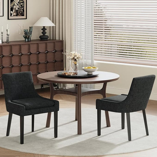 Modern Dining Room Chairs Set of 2 with Mid Back and Wood Legs, Upholstered Kitchen Chairs for Dining Room/Living Room, Black
