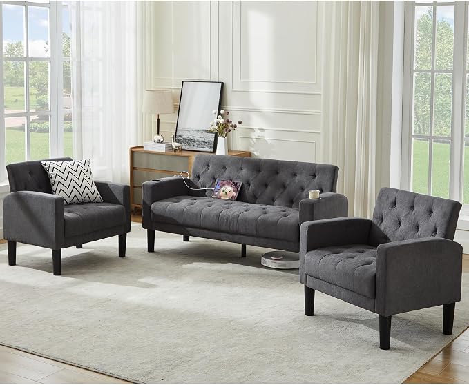 TYBOATLE Mid-Century Modern Tufted Loveseat Sofa Set w/ 2 USB & 2 Cupholders, 3 Piece Living Room Furniture Sets, Small Love Seat Couches for Small Space Apartment Bedroom Office