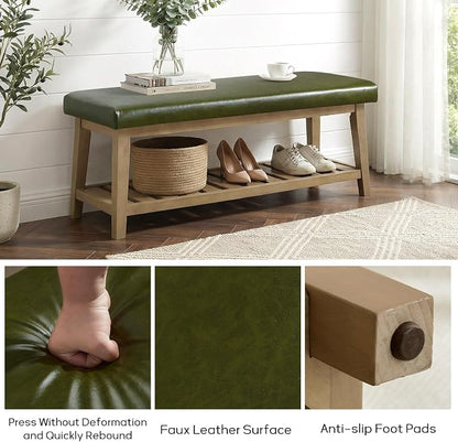 Entryway Bench with Cushion, Upholstered Shoe Rack Bench with Solid Wood Shelf, 44" End of Bed Bench for Bedroom, Chenille Fabric Storage Bench for Entryway, Hallway, Living Room (PU-Green)