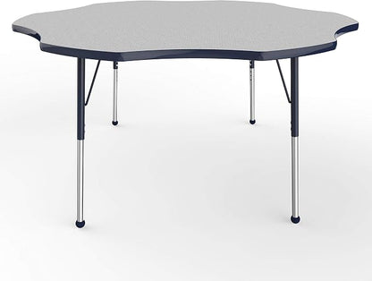 FDP Flower Activity School and Office Table (60 inch), Standard Legs with Ball Glides for Collaborative Seating Environments, Adjustable Height 19-30 inches - Gray Top and Navy Edge