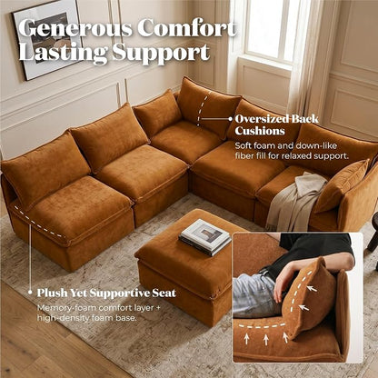 Cloud Modular Hosting Sectional, Oversized Deep Seat Comfort, Luxe Chenille | Fully Removable Washable Covers, Memory Foam Seat Cushions, Storage Ottoman, Premium Fabric