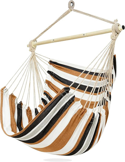 PNAEUT Hammock Chair Hanging Rope Swing for Outside Indoor for Bedroom, Outdoor, Patio (Coffee Stripes)