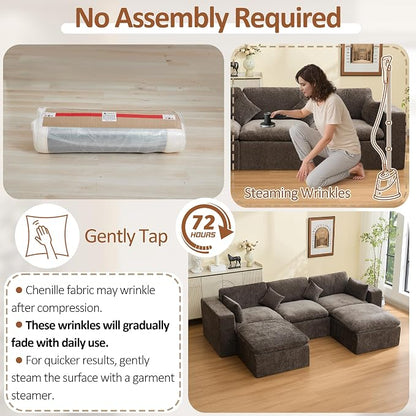 115'' Cloud Boneless Sectional Couch, Modular Sectional Sofa Deep Seat with 2 Ottomans, Oversized Upholstered Convertible Comfy 5 Seater Chenille Sofa U Shape Couches for Living Room, Brown