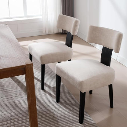 RIVOVA Mid Century Modern Dining Chairs Set of 2 Farmhouse Linen Fabric Upholstered Dining Room Chairs Kitchen Chairs with Curved Backrest Black Wood Legs, Beige