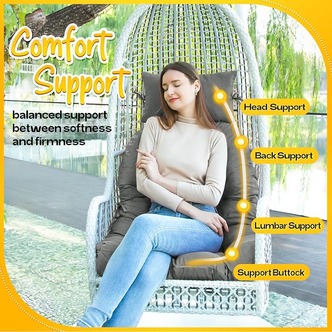 MAGIC ELEPHANT Egg Chair Cushion, Memory Foam Hanging Egg Chair Cushion Replacement, Indoor Outdoor Hammock Basket Swing Cushion with Headrest (Grey)