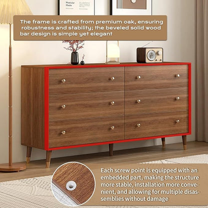 Messenya 6 Drawer Dresser for Bedroom, 55 Inch Walnut Dresser for Closet, Mid Century Wood Chest of Drawers with Natural Texture & Pre-Embedded Slots for TV Stand, Living Room, Hallway, Office
