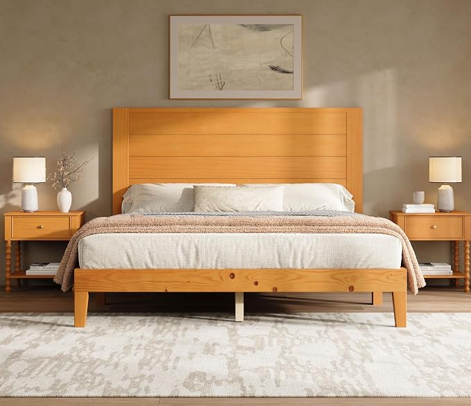 AMERLIFE 3 Piece Queen Bedroom Set, Solid Wood Platform Bed Frame & Nightstand Set of 2, Mid Century Modern Wooden Bedroom Furniture Set, No Box Spring, Noise-Free, Natural