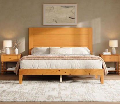 AMERLIFE 3 Piece Queen Bedroom Set, Solid Wood Platform Bed Frame & Nightstand Set of 2, Mid Century Modern Wooden Bedroom Furniture Set, No Box Spring, Noise-Free, Natural