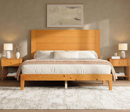 AMERLIFE 3 Piece King Bedroom Set, Solid Wood Platform Bed Frame & Nightstand Set of 2, Mid Century Modern Wooden Bedroom Furniture Set, No Box Spring, Noise-Free, Natural