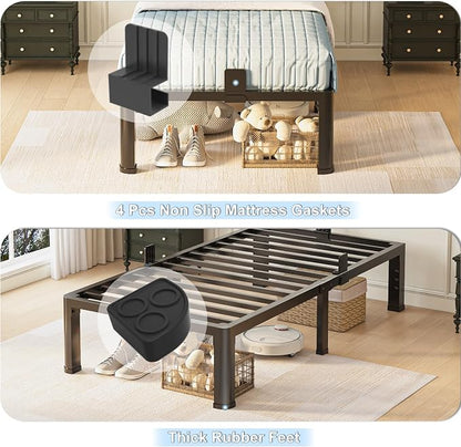 Yitong Angel 14 inch Twin Bed Frame with Rounded Corner Legs and Headboard Hole Mattress Slide Stopper 3500 LBS Heavy Duty Support Metal Platform,No Box Spring Needed, Noise Free, Easy Assembly