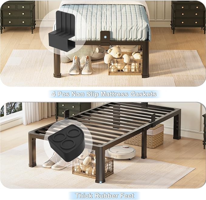 Yitong Angel 18 inch Twin Bed Frame with Rounded Corner Legs and Headboard Hole Mattress Slide Stopper 3500 LBS Heavy Duty Support Metal Platform,No Box Spring Needed, Noise Free, Easy Assembly