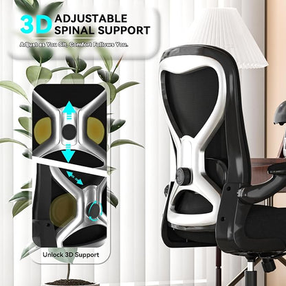 Ergonomic Home Office Chair – 4-Way Lumbar Support, 3.54" Extra-Thick Seat Cushion, Breathable Mesh Back, Flip-Up Arms, Swivel Computer Desk Chair for All-Day Sitting, 330LBS