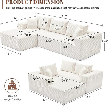 Mangodan 110” Cloud Sectional Couch, Modular Sectional Sofa for Living Room, Boneless Sofa with Deep Seat, Comfy Fluffy Couch with L-Shaped Chaise, No Assembly Required (Left-Facing Chaise, Beige)
