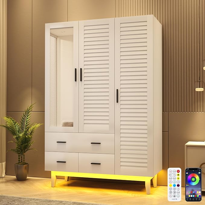 Hlivelood 3 Door Armoire Wardrobe Closet Cabinet with Drawers and LED Lights, Multi-Tier Shelves, Hanging Rod & 3 Louver Doors, Large Capacity Storage Wardrobe Armoire for Bedroom, White