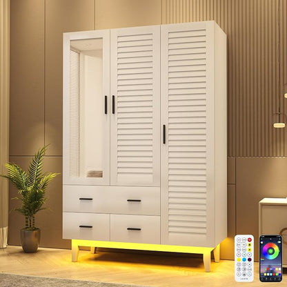 Hlivelood 3 Door Armoire Wardrobe Closet Cabinet with Drawers and LED Lights, Multi-Tier Shelves, Hanging Rod & 3 Louver Doors, Large Capacity Storage Wardrobe Armoire for Bedroom, White