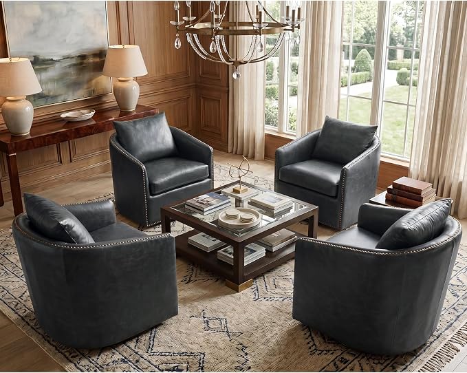 HAOMARKETS 360 Degree Swivel Accent Chair Set of 4 with Plump Back Pillow, Waterproof Oil Waxed PU Leather Swivel Armchair with Rivets, Comfy Vintage Round Barrel Chair for Living Room