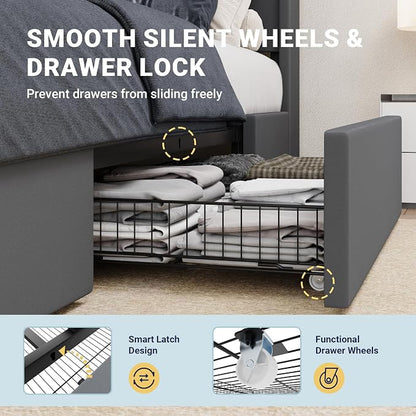 Allewie Full Size Velvet Bed Frame with 3 Storage Drawers, Upholstered Platform Bed with Wingback Storage Headboard and USB Ports, No Box Spring Needed, Easy Assembly, Grey