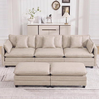 111'' Sectional Cloud Deep Seat Couch, Oversized Leather U Shaped Sectional Sofa for Living Room Set, Comfy Upholstered Modular 5-Seats Sectional Sofa Couch with 2 Movable Ottoman, Leather Beige