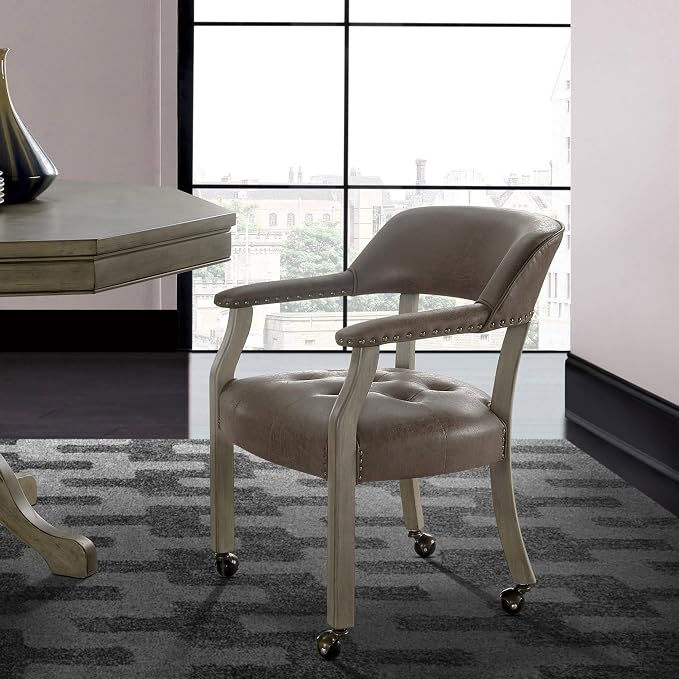 LEEMTORIG Dining Chairs with Casters and Arms, Upholstered Rolling Dining Chairs with Wheels for Elderly, Ergonomic Wide Seat Wooden Office Desk Chairs, 26"Dx25.2"W, Grey Legs & Dark Brown SY-1318-DK