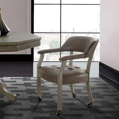 LEEMTORIG Dining Chairs with Casters and Arms, Upholstered Rolling Dining Chairs with Wheels for Elderly, Ergonomic Wide Seat Wooden Office Desk Chairs, 26"Dx25.2"W, Grey Legs & Dark Brown SY-1318-DK