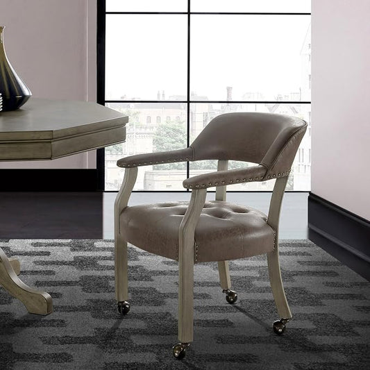 LEEMTORIG Dining Chairs with Casters and Arms, Upholstered Rolling Dining Chairs with Wheels for Elderly, Ergonomic Wide Seat Wooden Office Desk Chairs, 26"Dx25.2"W, Grey Legs & Dark Brown SY-1318-DK