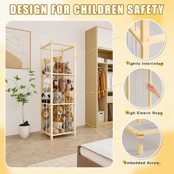 Solid Pine Stuffed Animal Storage, 56" Large Wooden Toy Organizer Tower | 100% solid pine, extra-wide & high open design. Whole rope hand-polished. Holds large plush toys for kids playroom bedroom