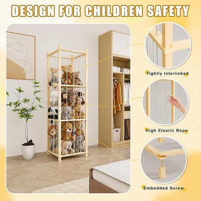 Solid Pine Stuffed Animal Storage, 56" Large Wooden Toy Organizer Tower | 100% solid pine, extra-wide & high open design. Whole rope hand-polished. Holds large plush toys for kids playroom bedroom
