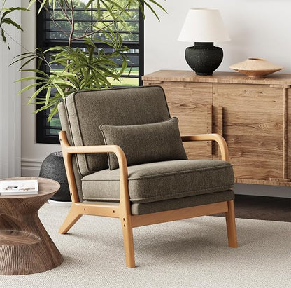 MALOL Accent Chair Set of 2 with Solid Wood Frame, Mid-Century Relaxing Armchair Lumbar Pillow& Soft Cushion, Reading Leisure Chair for Living Room, Bedroom, Waiting Room-Green