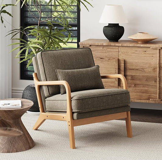 MALOL Accent Chair with Solid Wood Frame, Mid-Century Relaxing Armchair Lumbar Pillow& Soft Cushion, Reading Leisure Chair for Living Room, Bedroom, Waiting Room-Green