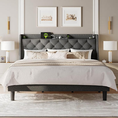 Feonase King Size Bed Frame with Luxury Wingback and Fast Charging Station, Upholstered Button Tufted Storage Headboard, King Platform Bed, Heavy Duty Wooden Slats Support, Easy Assembly, Dark Gray