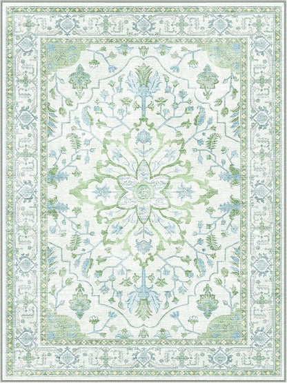 RELEANY Area Rugs Large 10'x14' Washable Non-Slip, Floral Vintage Distress Medallion Carpet for Living Room Bedroom Dining Room, Green White Blue
