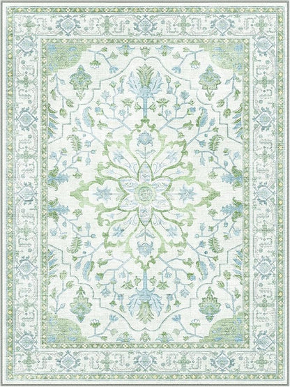 RELEANY Area Rugs 7'x9' Washable Non-Slip, Floral Vintage Distress Medallion Carpet for Living Room Bedroom Dining Room, Green White Blue