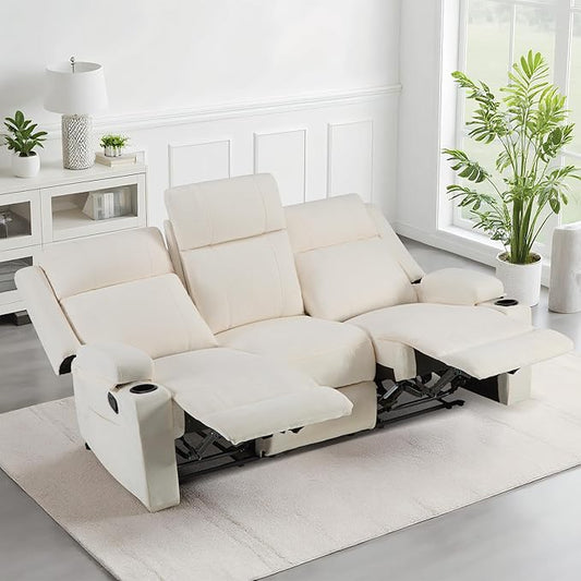 GUEAPY Large Manual Reclining Sofa 3-Seater Chenille Reclining Couch with Cup Holders, Wide Seat, Easy Assembly & Spill-Resistant Fabric Cozy Reclining Sofa for Living Room, Apartment, RV, Beige