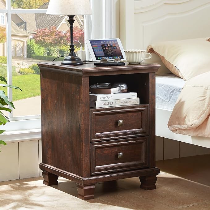 SAVOR LIFE Farmhouse Nightstand Set of 2 with Charging Station, Rustic Brown Nightstand, 2 Drawers End Table, Bedside Table with Open Shelf for Bedroom, Walnut