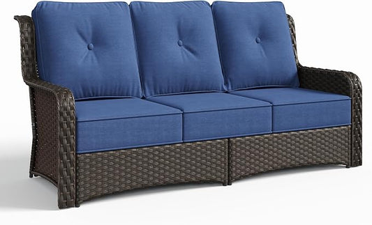 Sundale Outdoor Wicker 3-Seat Patio Sofa, Luxury Outdoor Couch with High Back & Wider Armrests, Patio Furniture with 6-inch Cushions for Yard, Deck, Poolside (Blue)
