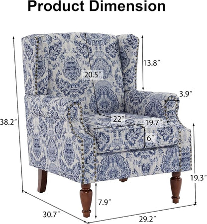 Pia Ricco High Back Floral Accent Chair - Retro Wingback Upholstered Armchair with Nailhead Trim, Solid Wood Legs, Fabric Living Room Bedroom Reading Chair (Flower Navy)