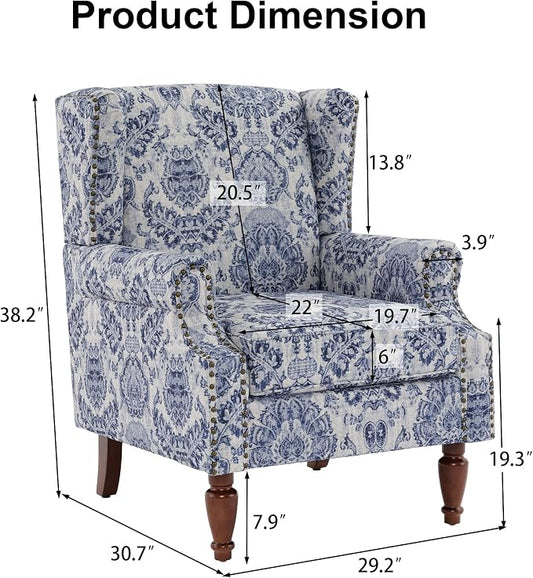 Pia Ricco High Back Floral Accent Chair - Retro Wingback Upholstered Armchair with Nailhead Trim, Solid Wood Legs, Fabric Living Room Bedroom Reading Chair (Flower Navy)