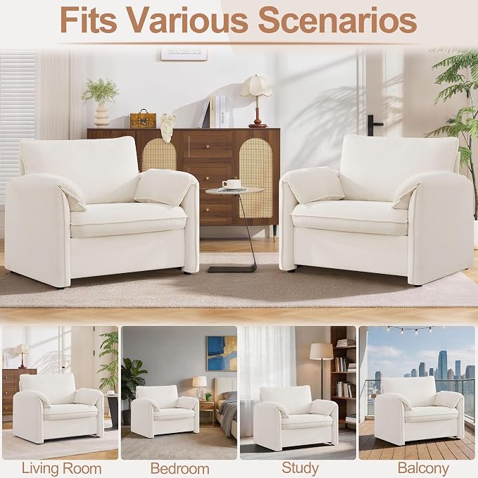 Oversized Accent Chair for Living Room, 41.73" Modern Armchair Set of 2 with Deep Seat, Mid-Century Comfy Reading Chair with Padded Arms, Large Chenille Single Sofa Chairs for Bedroom, Beige