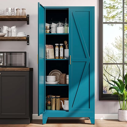 61" H Blue Free Standing Pantry Cabinet with Doors,Stand Alone Kitchen Pantry Cabinet,Farmhouse Food Storage Cabinets,Tall and Large Pantry Cabinets for Kitchen, Dining Room, Living Room