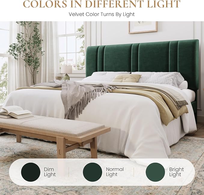 SHA CERLIN King Size Platform Bed Frame, Velvet Upholstered Bed with Adjustable Headboard, Vertical Channel Tufted Design, Sturdy Wood Slat Support, No Box Spring Needed, Easy Assembly, Green