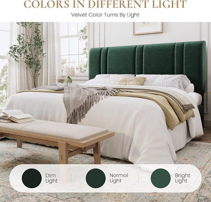 SHA CERLIN King Size Platform Bed Frame, Velvet Upholstered Bed with Adjustable Headboard, Vertical Channel Tufted Design, Sturdy Wood Slat Support, No Box Spring Needed, Easy Assembly, Green