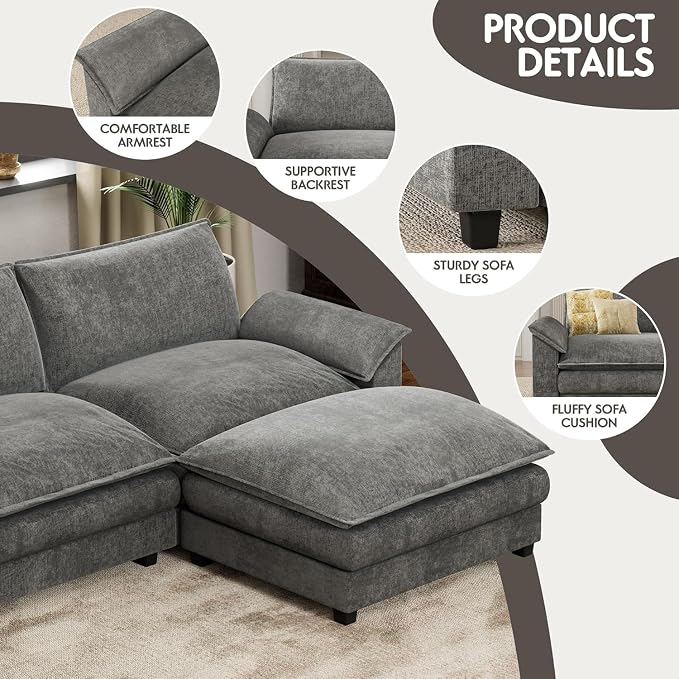 Homall 232" Modular Sectional Sofa, Oversized Sofa Couch with Reversible Ottoman, DIY Combination Chenille Deep 6-Seat Cloud Couch for Living Room, Apartment (Light Grey, Oversized Sofa)